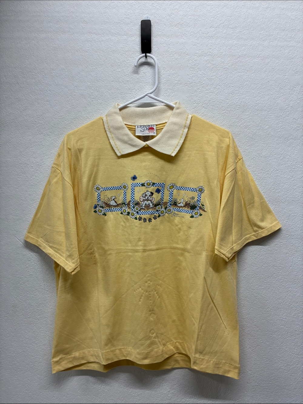 Vintage 1990s Morning Sun Cartoon Puppy Yellow Polo Shirt